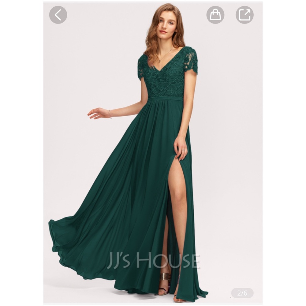 A-Line V-Neck Floor Length Chiffon Dress Color: Dark Green SZ 6